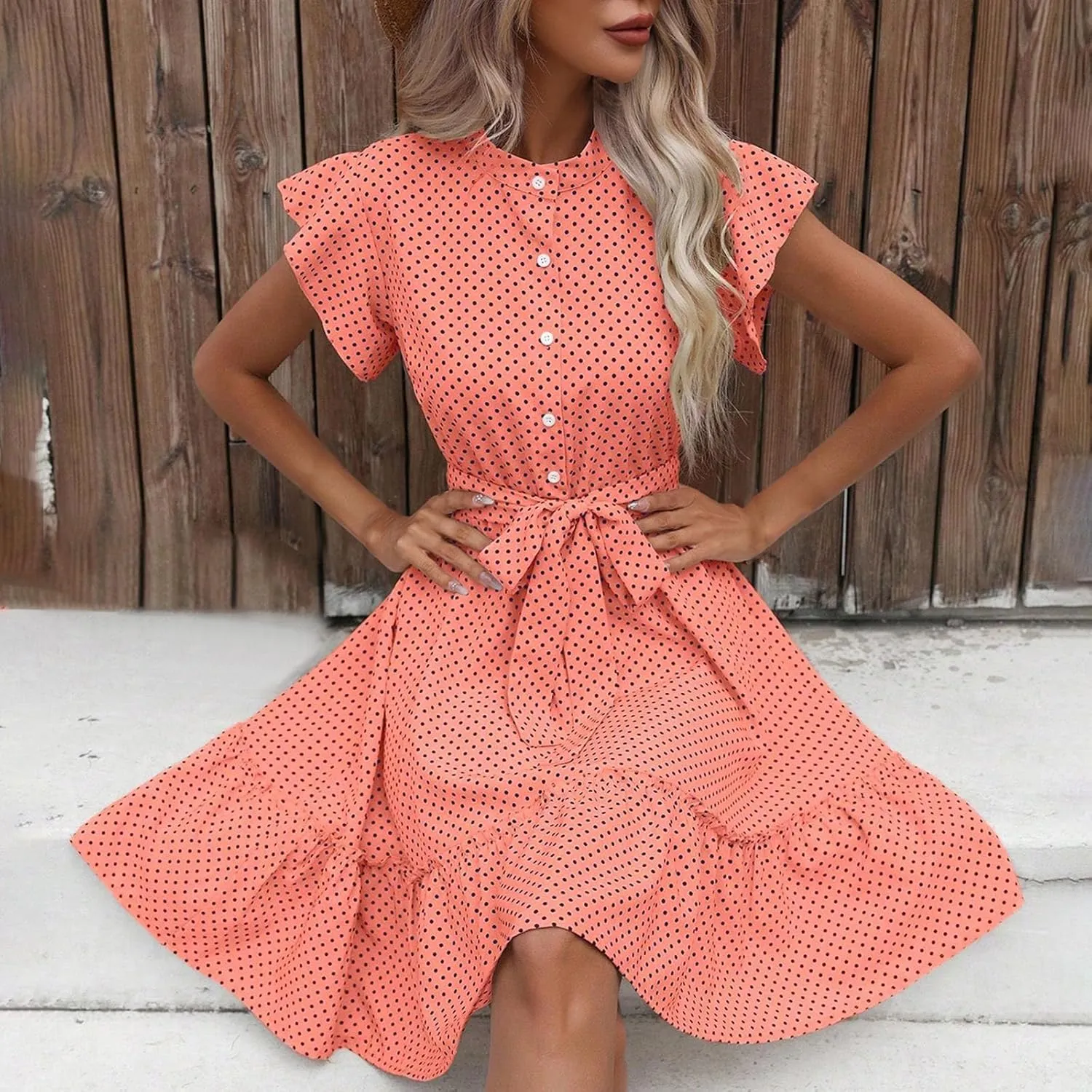 Summer Dresses Womens Button Round Neck Tunic Ruffle Short Sleeve A-Line Tiered Babydoll Beach Dress Flowy Mini Dress