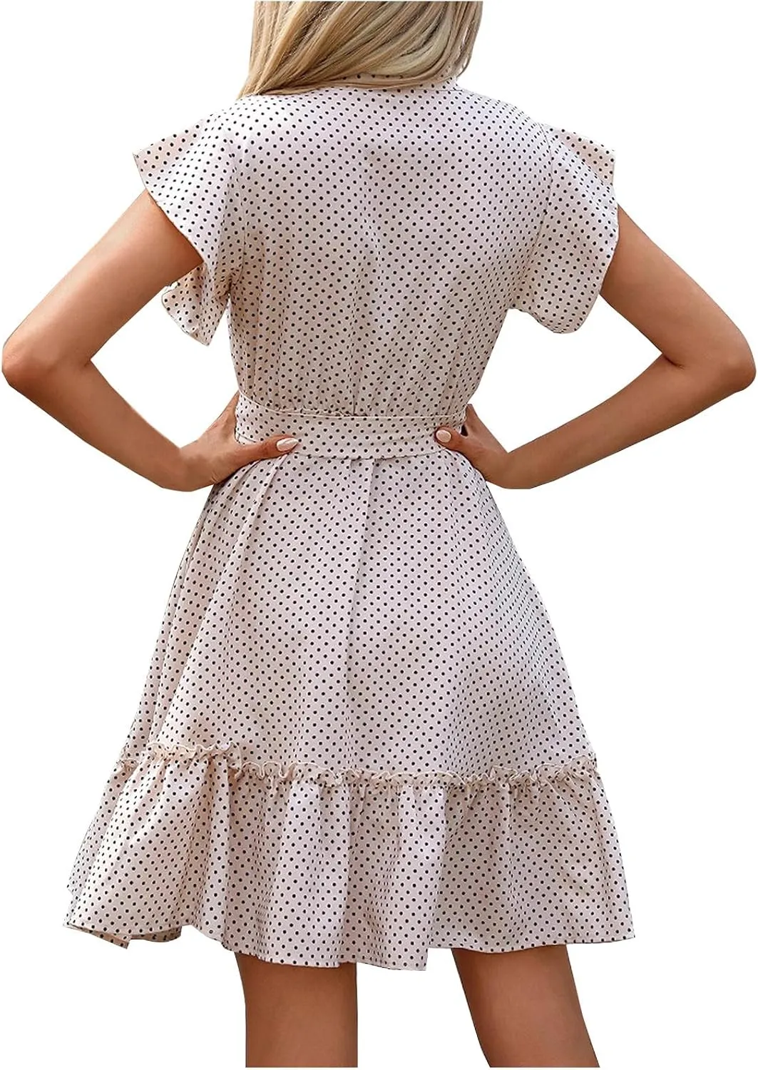 Summer Dresses Womens Button Round Neck Tunic Ruffle Short Sleeve A-Line Tiered Babydoll Beach Dress Flowy Mini Dress