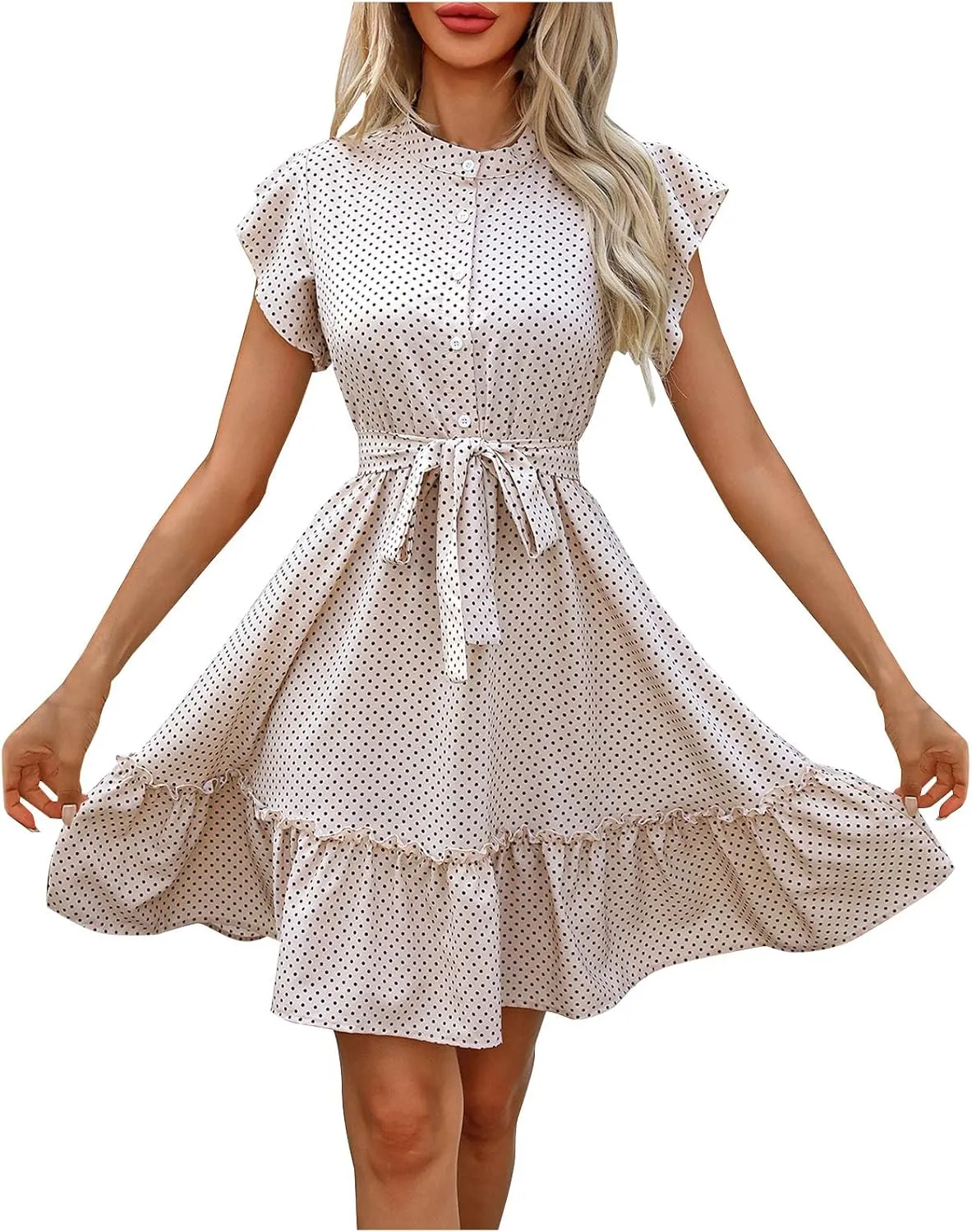 Summer Dresses Womens Button Round Neck Tunic Ruffle Short Sleeve A-Line Tiered Babydoll Beach Dress Flowy Mini Dress