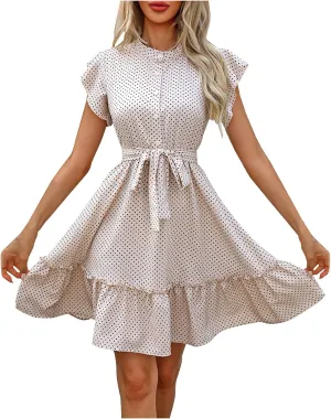 Summer Dresses Womens Button Round Neck Tunic Ruffle Short Sleeve A-Line Tiered Babydoll Beach Dress Flowy Mini Dress