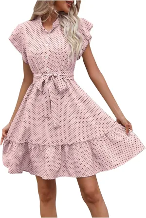 Summer Dresses Womens Button Round Neck Tunic Ruffle Short Sleeve A-Line Tiered Babydoll Beach Dress Flowy Mini Dress