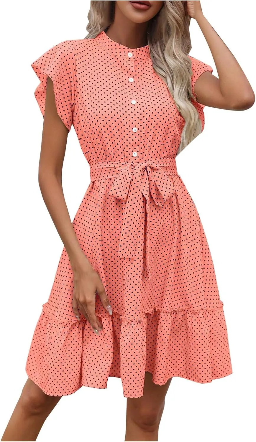 Summer Dresses Womens Button Round Neck Tunic Ruffle Short Sleeve A-Line Tiered Babydoll Beach Dress Flowy Mini Dress