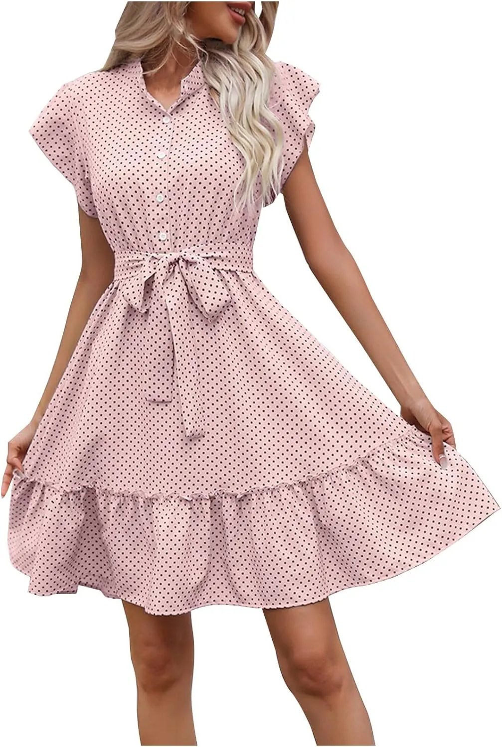 Summer Dresses Womens Button Round Neck Tunic Ruffle Short Sleeve A-Line Tiered Babydoll Beach Dress Flowy Mini Dress