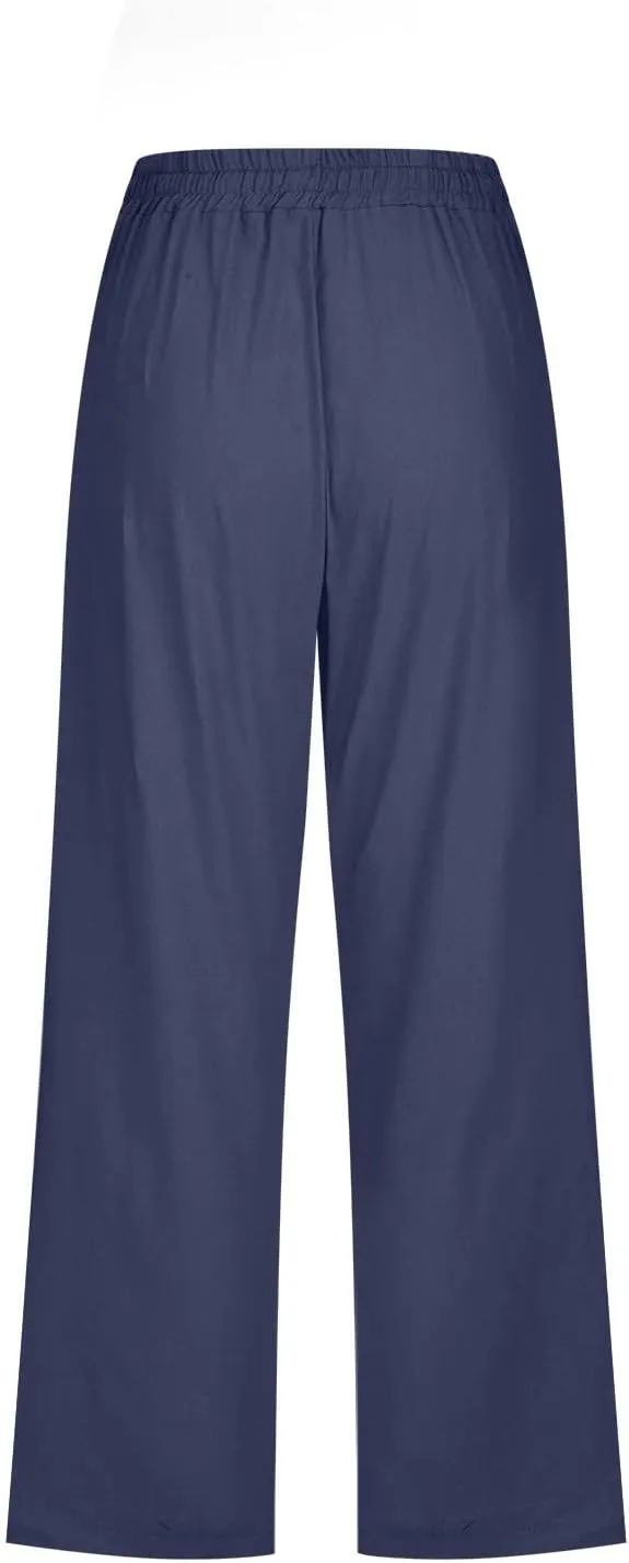 Summer Linen Capri Pants for Women Trendy High Waisted Capris Drawstring Lounge Trouser Wide Leg Beach Vacation Outfits