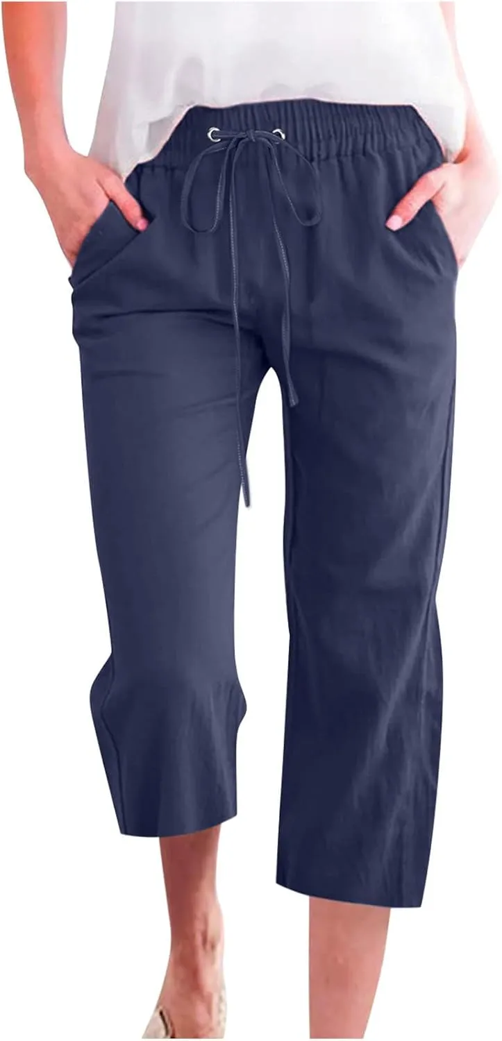 Summer Linen Capri Pants for Women Trendy High Waisted Capris Drawstring Lounge Trouser Wide Leg Beach Vacation Outfits