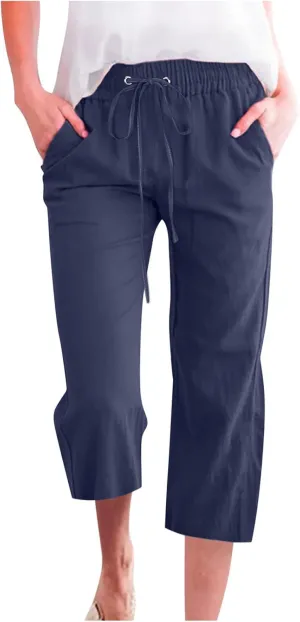 Summer Linen Capri Pants for Women Trendy High Waisted Capris Drawstring Lounge Trouser Wide Leg Beach Vacation Outfits