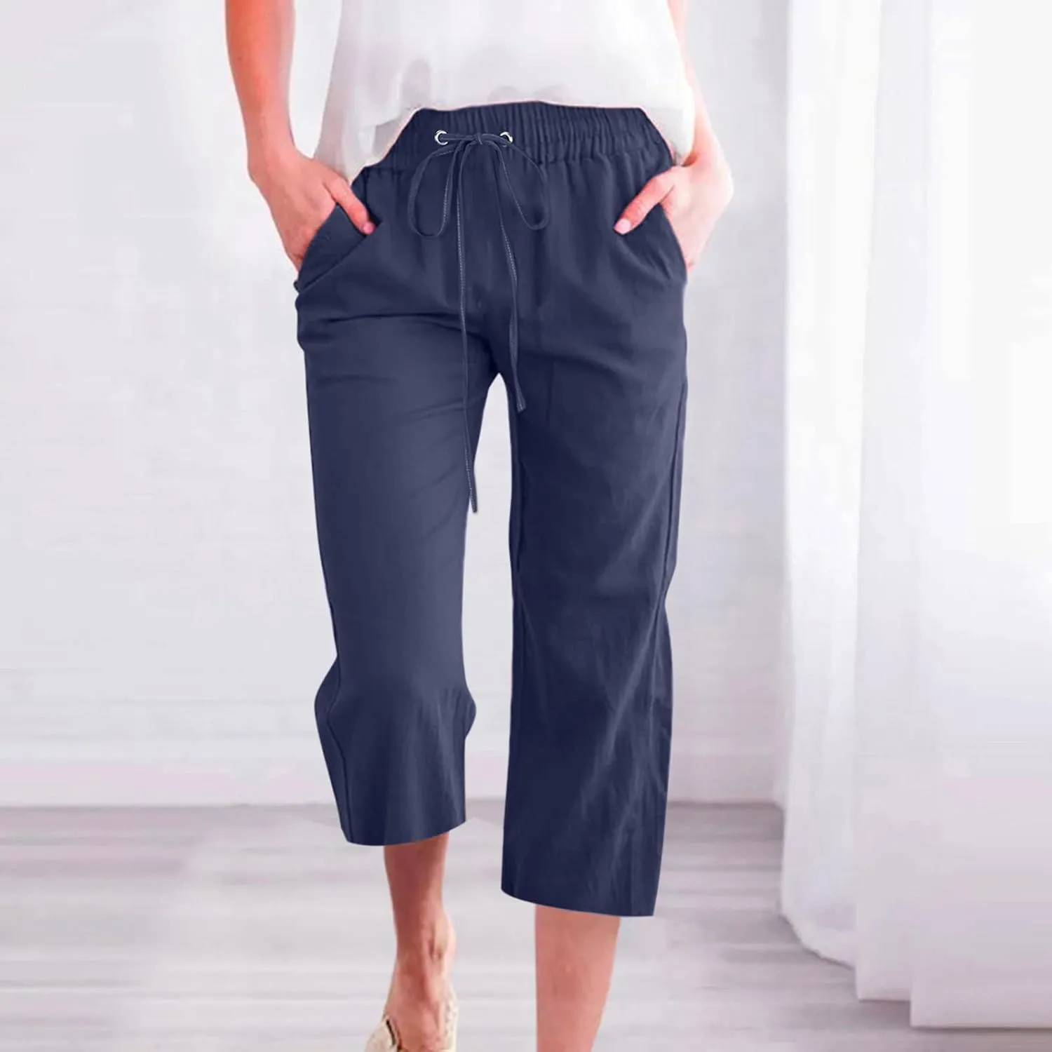 Summer Linen Capri Pants for Women Trendy High Waisted Capris Drawstring Lounge Trouser Wide Leg Beach Vacation Outfits