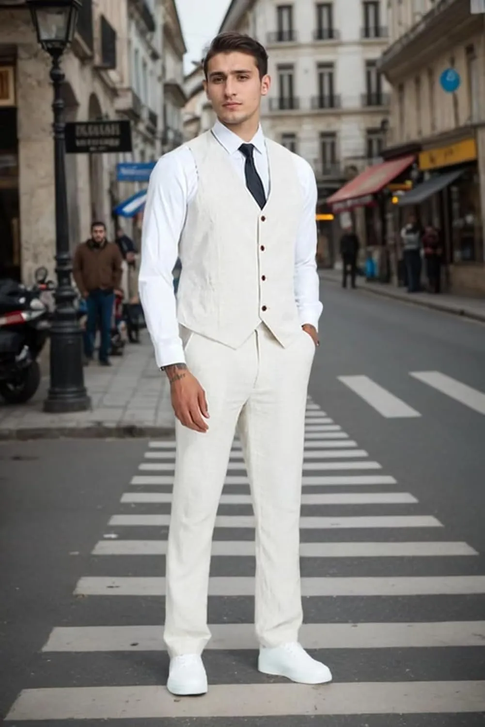 Summer Linen Men's Suit Slim Fit 2 Piece Set Vest Pants Men Suit Casual Breathable for Wedding Groom Prom Party Formal
