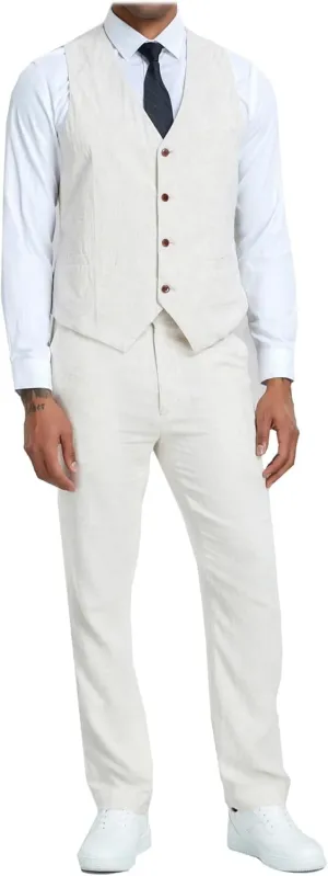 Summer Linen Men's Suit Slim Fit 2 Piece Set Vest Pants Men Suit Casual Breathable for Wedding Groom Prom Party Formal