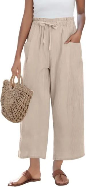 Summer Linen Pants for Women 2025 High Waist Elastic Straight Leg Palazzo Pant Lightweight Flowy Beach Trousers