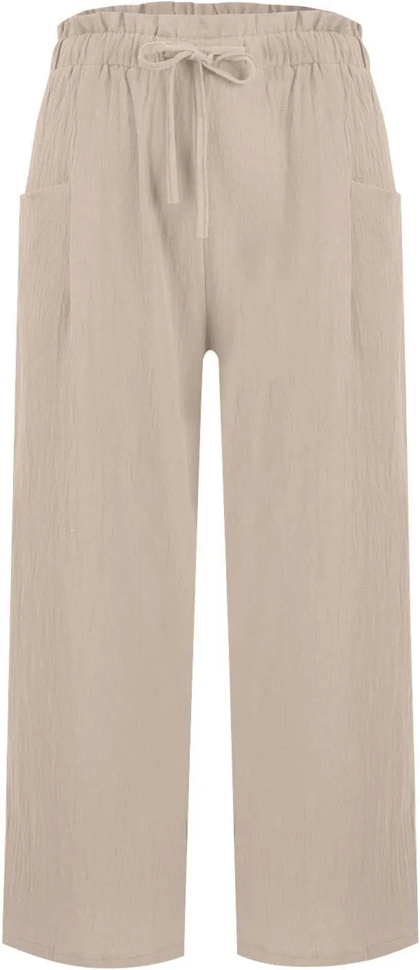 Summer Linen Pants for Women 2025 High Waist Elastic Straight Leg Palazzo Pant Lightweight Flowy Beach Trousers