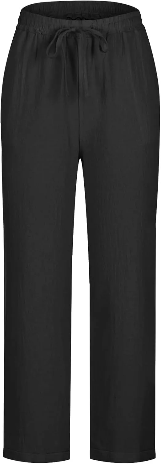 Summer Linen Pants for Women Wide Leg High Waisted Pant Drawstring Lounge Pants Beach Trouser with Pockets