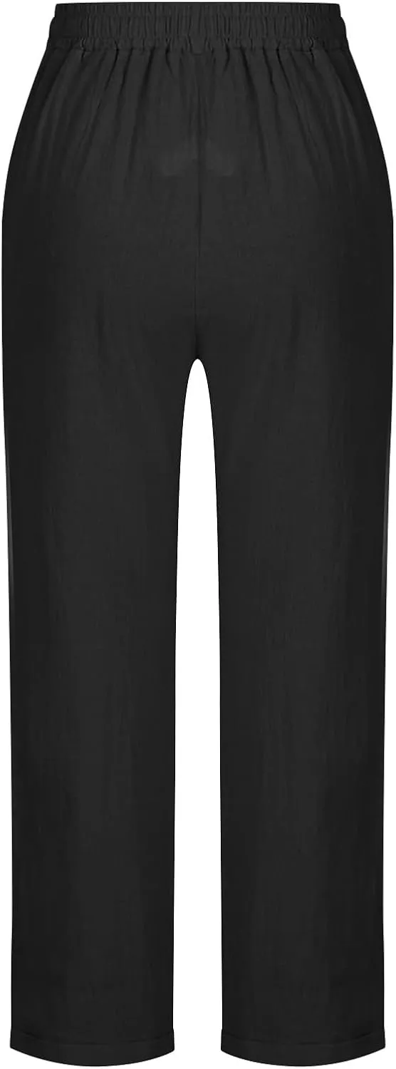 Summer Linen Pants for Women Wide Leg High Waisted Pant Drawstring Lounge Pants Beach Trouser with Pockets