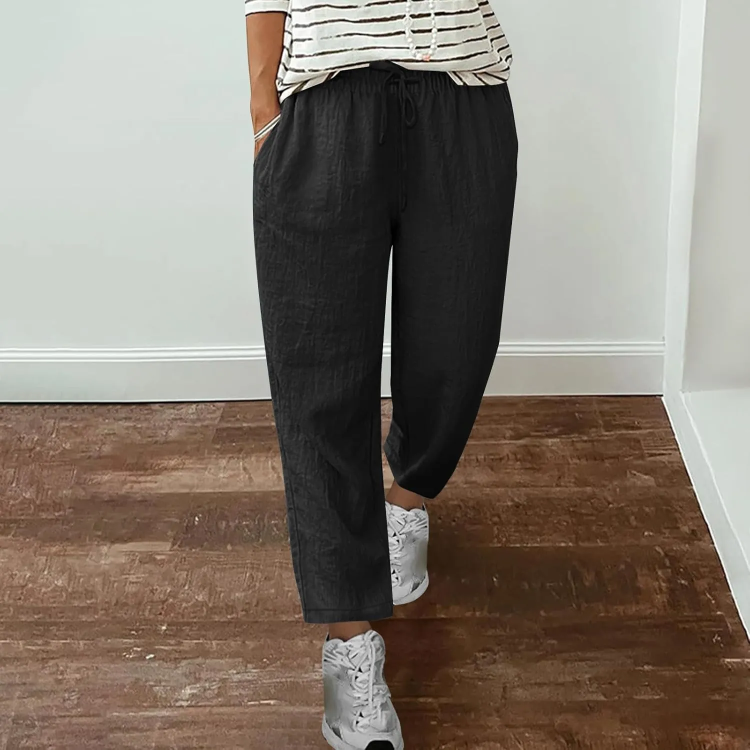 Summer Linen Pants for Women Wide Leg High Waisted Pant Drawstring Lounge Pants Beach Trouser with Pockets
