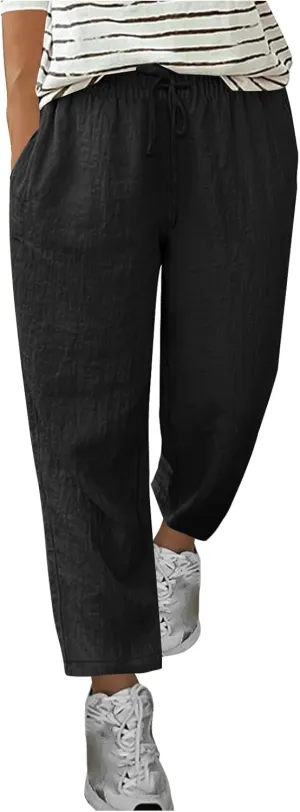 Summer Linen Pants for Women Wide Leg High Waisted Pant Drawstring Lounge Pants Beach Trouser with Pockets