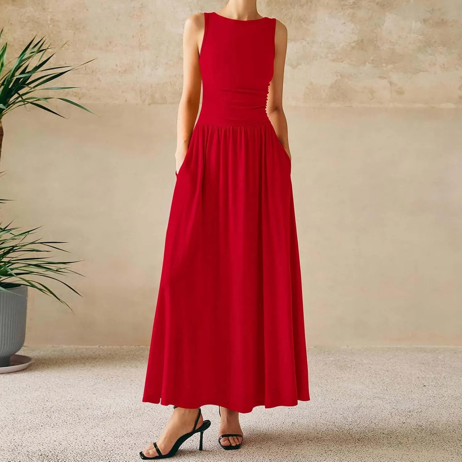 Summer Maxi Dresses for Women 2025 Sleeveless Formal Ruched High Waisted Long Sundress Flowy Beach Tank Dress Clothes