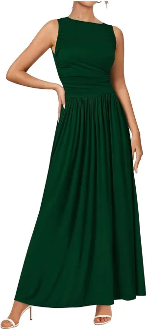 Summer Maxi Dresses for Women 2025 Sleeveless Formal Ruched High Waisted Long Sundress Flowy Beach Tank Dress Clothes