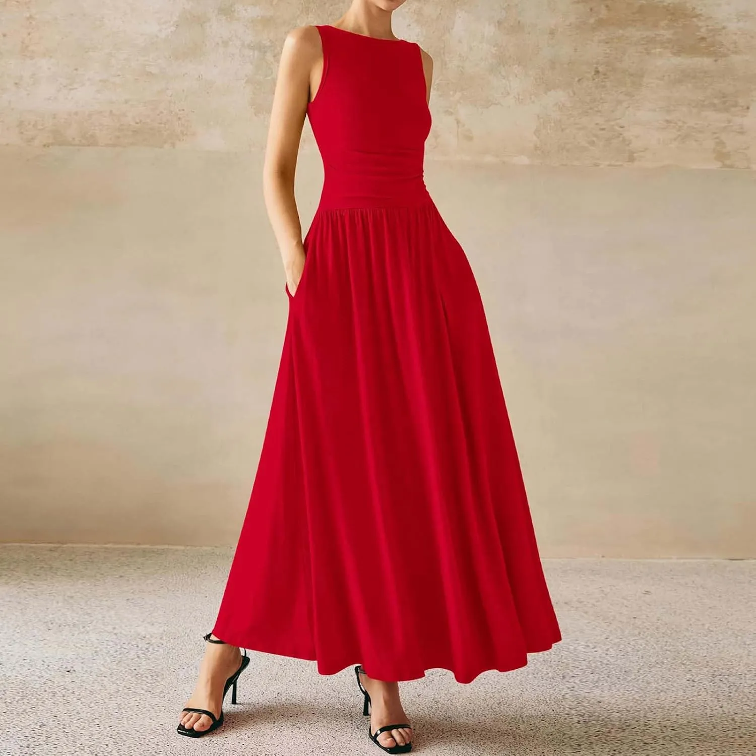 Summer Maxi Dresses for Women 2025 Sleeveless Formal Ruched High Waisted Long Sundress Flowy Beach Tank Dress Clothes