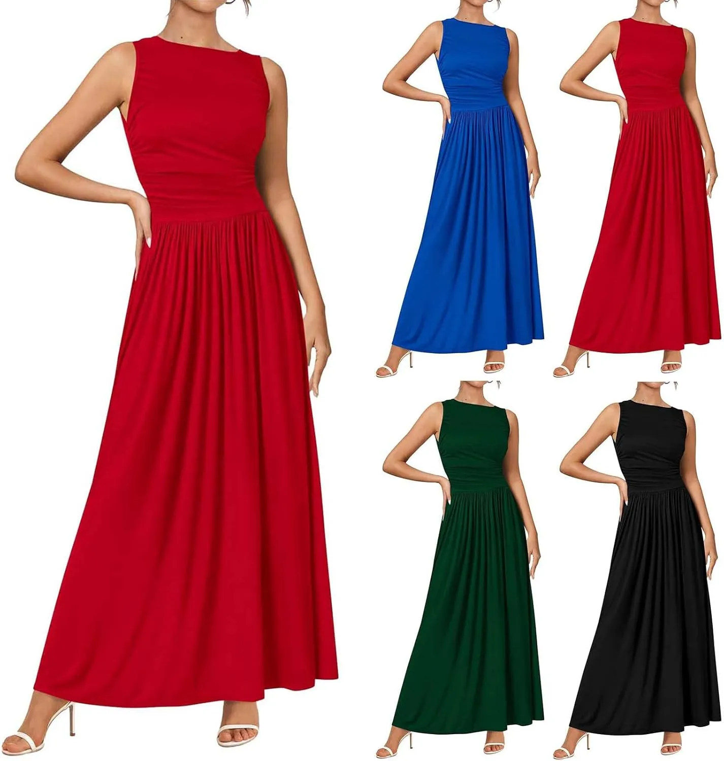 Summer Maxi Dresses for Women 2025 Sleeveless Formal Ruched High Waisted Long Sundress Flowy Beach Tank Dress Clothes