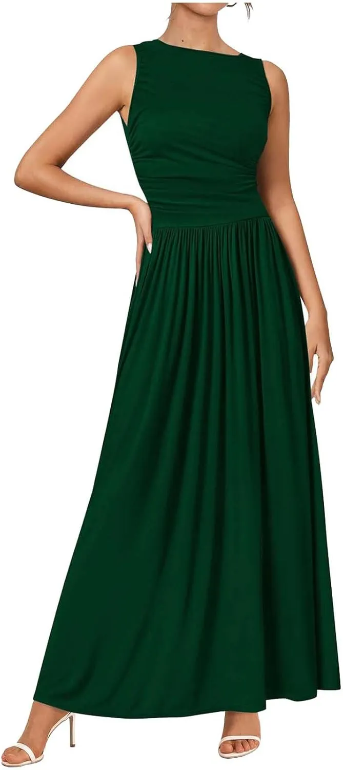Summer Maxi Dresses for Women 2025 Sleeveless Formal Ruched High Waisted Long Sundress Flowy Beach Tank Dress Clothes