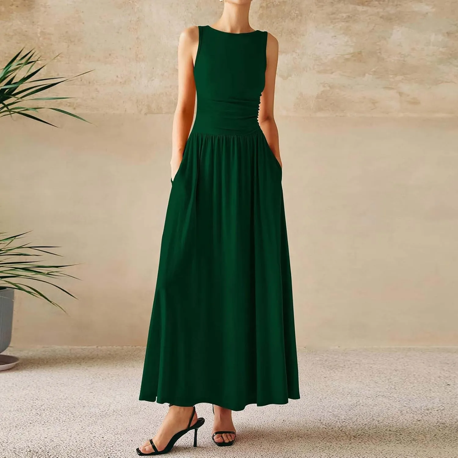 Summer Maxi Dresses for Women 2025 Sleeveless Formal Ruched High Waisted Long Sundress Flowy Beach Tank Dress Clothes