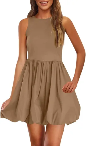 Summer Mini Dress for Women Casal Crew Neck Sleeveless Tank Dresses Trendy Back Zip Up Solid Ruffle Hem Sundress
