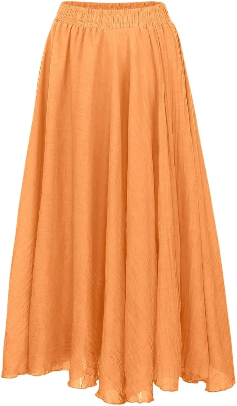 Summer Skirts for Women 2025 Vacation Solid Color Beach Elastic High Waist Ruffle A-Line Flowy Long Maxi Skirts