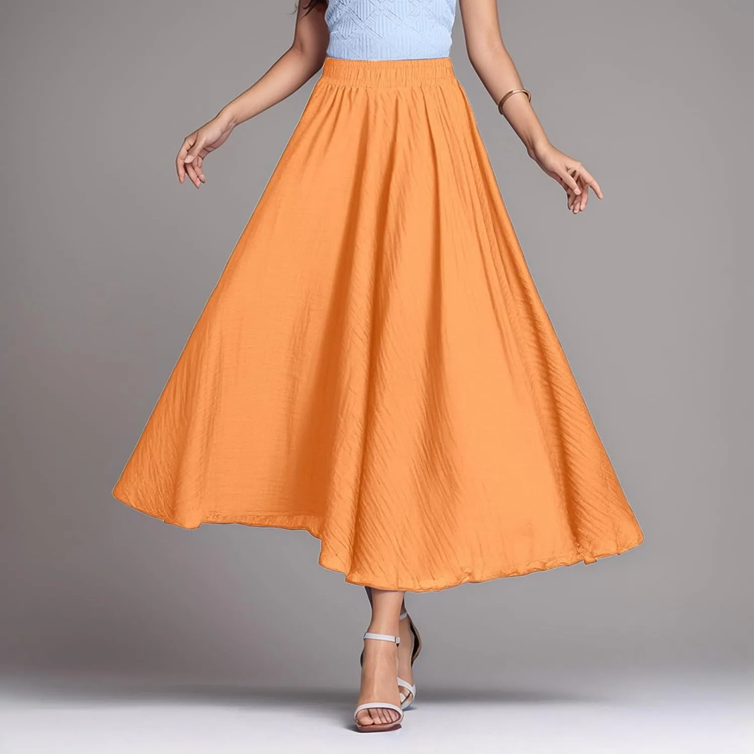 Summer Skirts for Women 2025 Vacation Solid Color Beach Elastic High Waist Ruffle A-Line Flowy Long Maxi Skirts