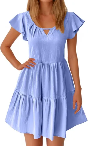 Sundresses for Women 2024 Trendy Ruffle Cap Sleeve Boho Babydoll Mini Dress Summer Casual Beach Tiered T Shirt Dress