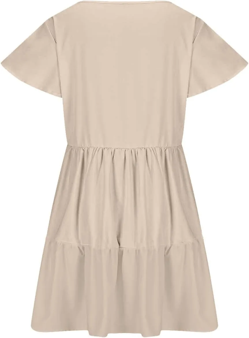 Sundresses for Women 2024 Trendy Ruffle Cap Sleeve Boho Babydoll Mini Dress Summer Casual Beach Tiered T Shirt Dress