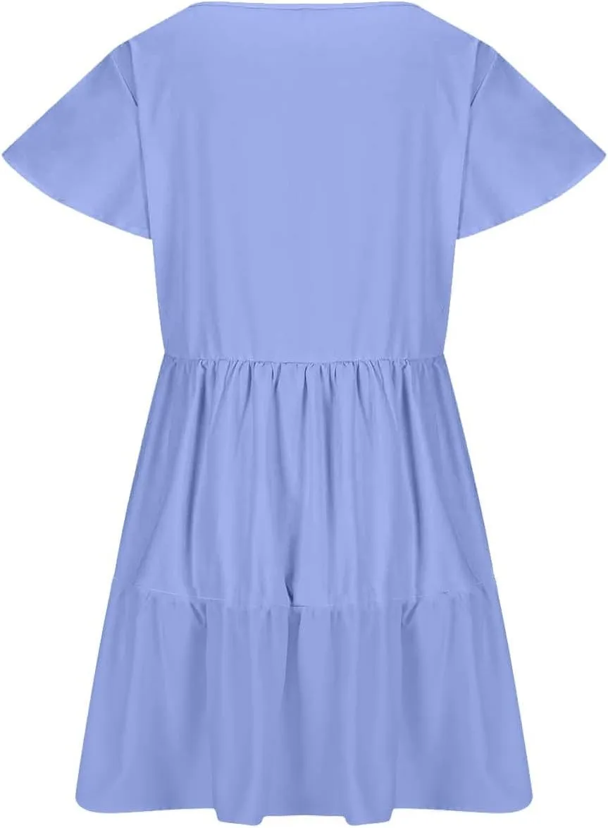 Sundresses for Women 2024 Trendy Ruffle Cap Sleeve Boho Babydoll Mini Dress Summer Casual Beach Tiered T Shirt Dress