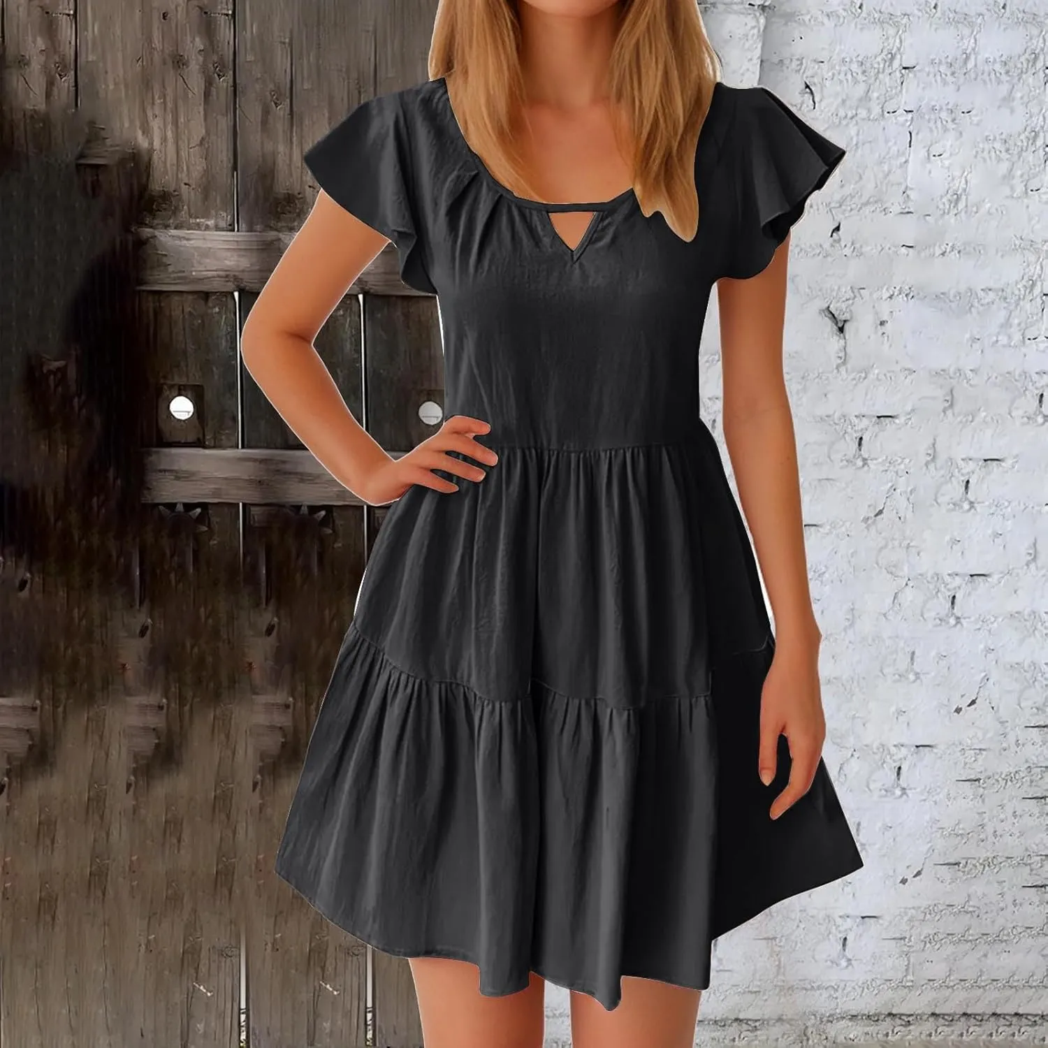 Sundresses for Women 2024 Trendy Ruffle Cap Sleeve Boho Babydoll Mini Dress Summer Casual Beach Tiered T Shirt Dress