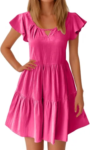 Sundresses for Women 2024 Trendy Ruffle Cap Sleeve Boho Babydoll Mini Dress Summer Casual Beach Tiered T Shirt Dress