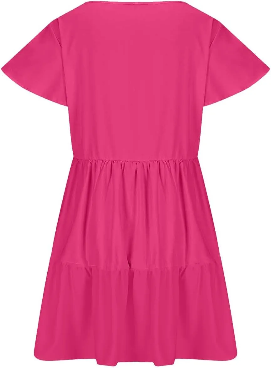 Sundresses for Women 2024 Trendy Ruffle Cap Sleeve Boho Babydoll Mini Dress Summer Casual Beach Tiered T Shirt Dress
