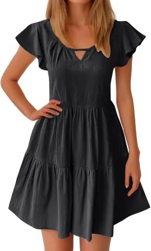 Sundresses for Women 2024 Trendy Ruffle Cap Sleeve Boho Babydoll Mini Dress Summer Casual Beach Tiered T Shirt Dress