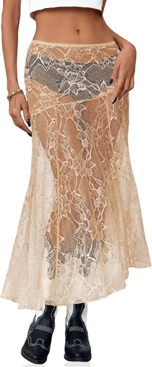 Sunloudy Women Floral Lace Sheer Maxi Skirt Y2k Mesh See Through Long Skirt Sexy Beach Cover up Bodycon Skirts