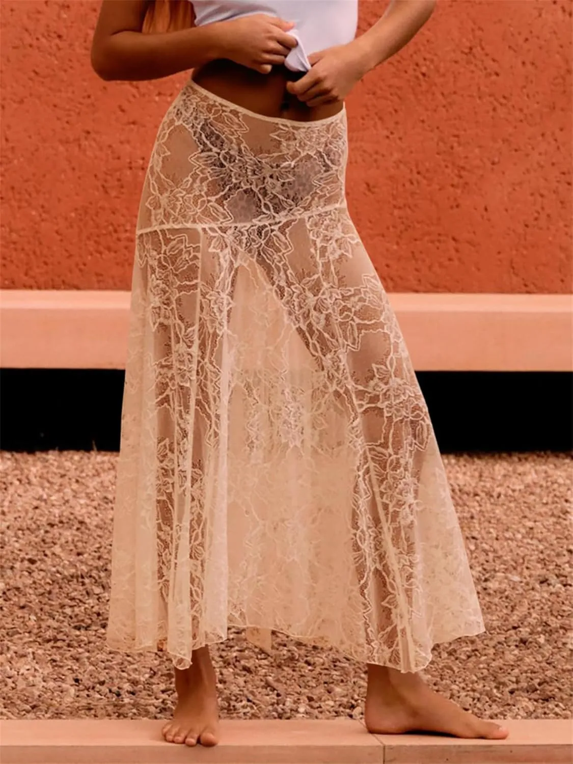 Sunloudy Women Floral Lace Sheer Maxi Skirt Y2k Mesh See Through Long Skirt Sexy Beach Cover up Bodycon Skirts