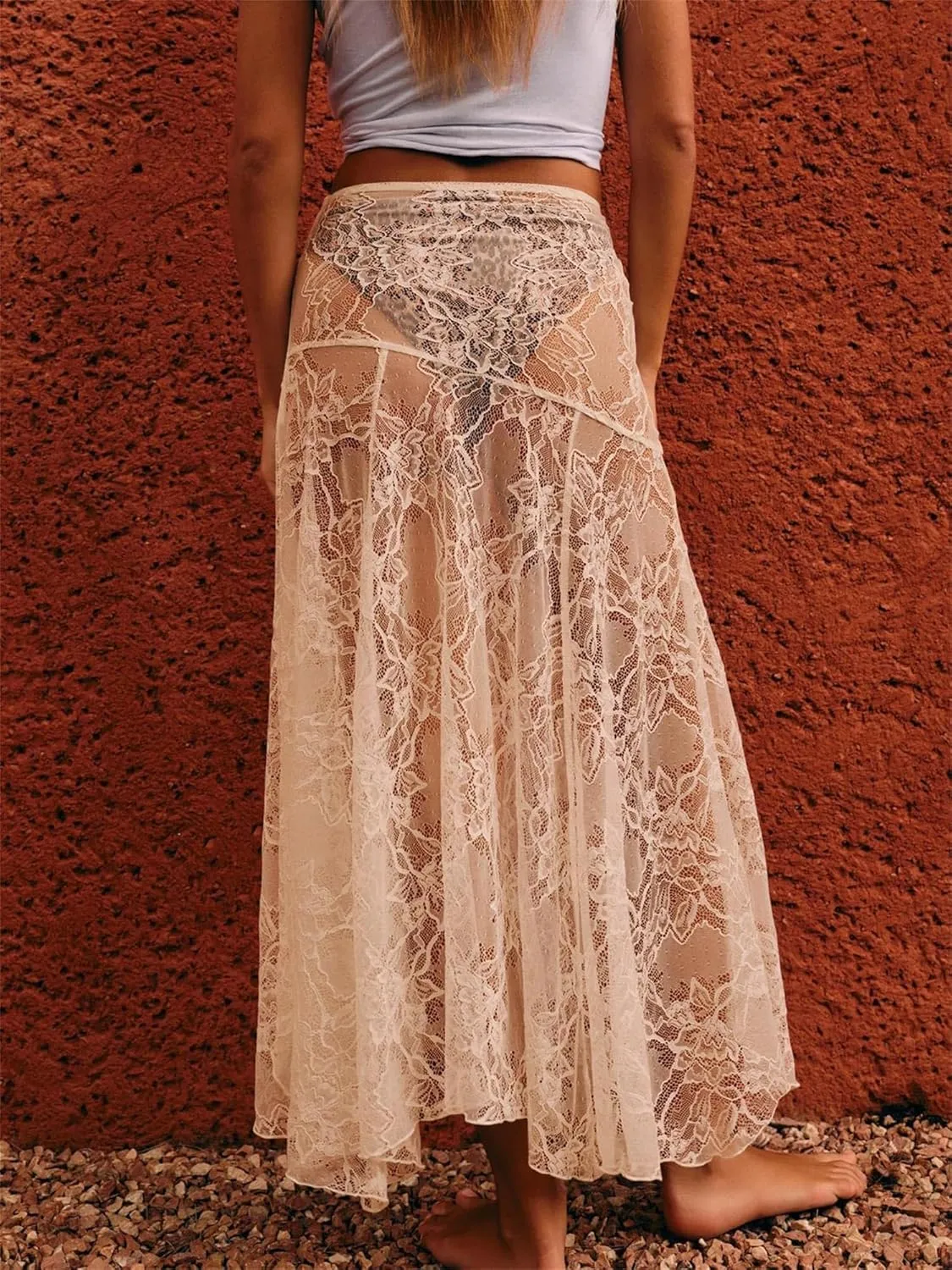 Sunloudy Women Floral Lace Sheer Maxi Skirt Y2k Mesh See Through Long Skirt Sexy Beach Cover up Bodycon Skirts