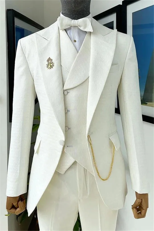 Suzhoufashion Keeler Newest White Jacquard Close Fitting Shawl Lapel Wedding Suits For Men