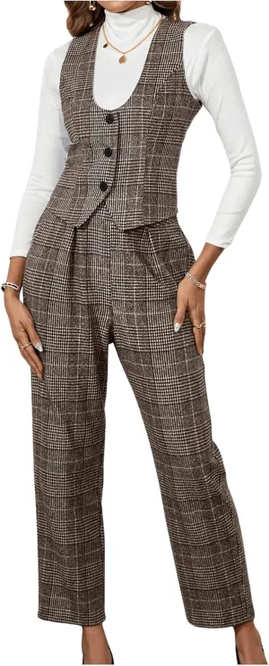 SweatyRocks Women's 2 Piece Sets Plaid Button Down Vest and Pants Set Work Outfits
