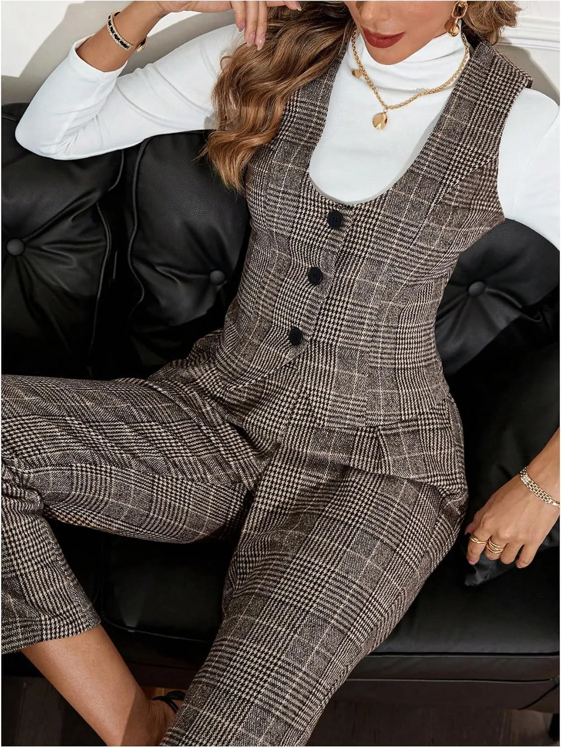SweatyRocks Women's 2 Piece Sets Plaid Button Down Vest and Pants Set Work Outfits