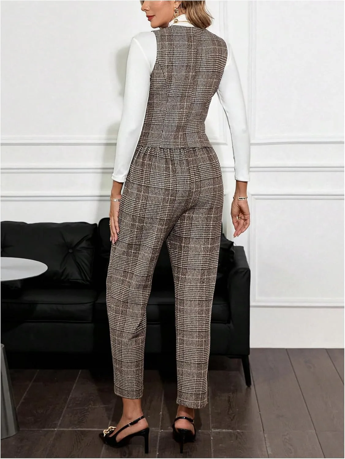 SweatyRocks Women's 2 Piece Sets Plaid Button Down Vest and Pants Set Work Outfits