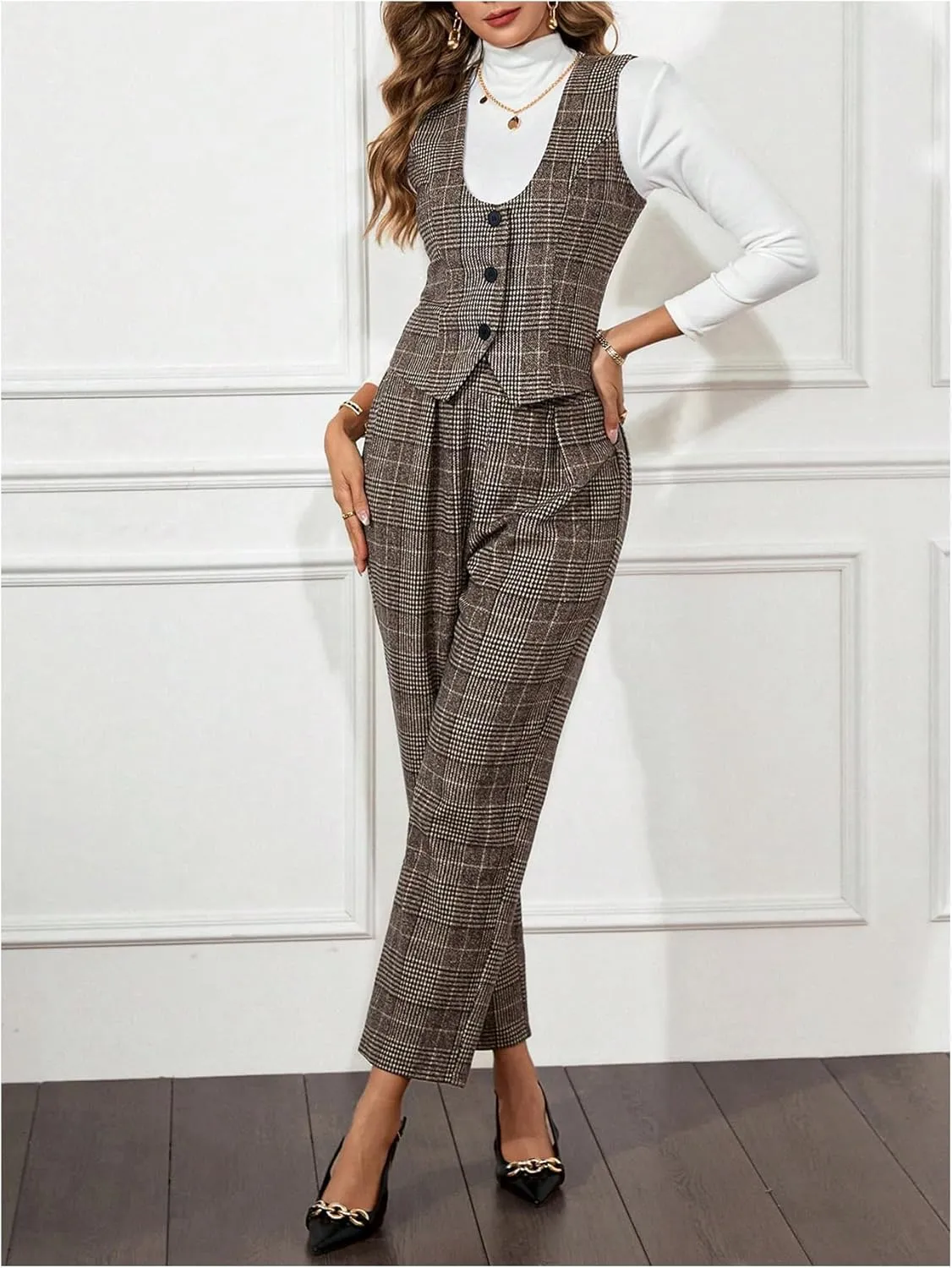 SweatyRocks Women's 2 Piece Sets Plaid Button Down Vest and Pants Set Work Outfits