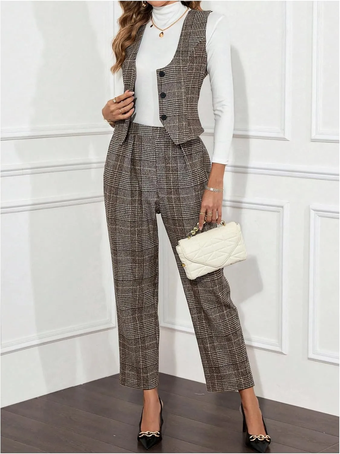 SweatyRocks Women's 2 Piece Sets Plaid Button Down Vest and Pants Set Work Outfits