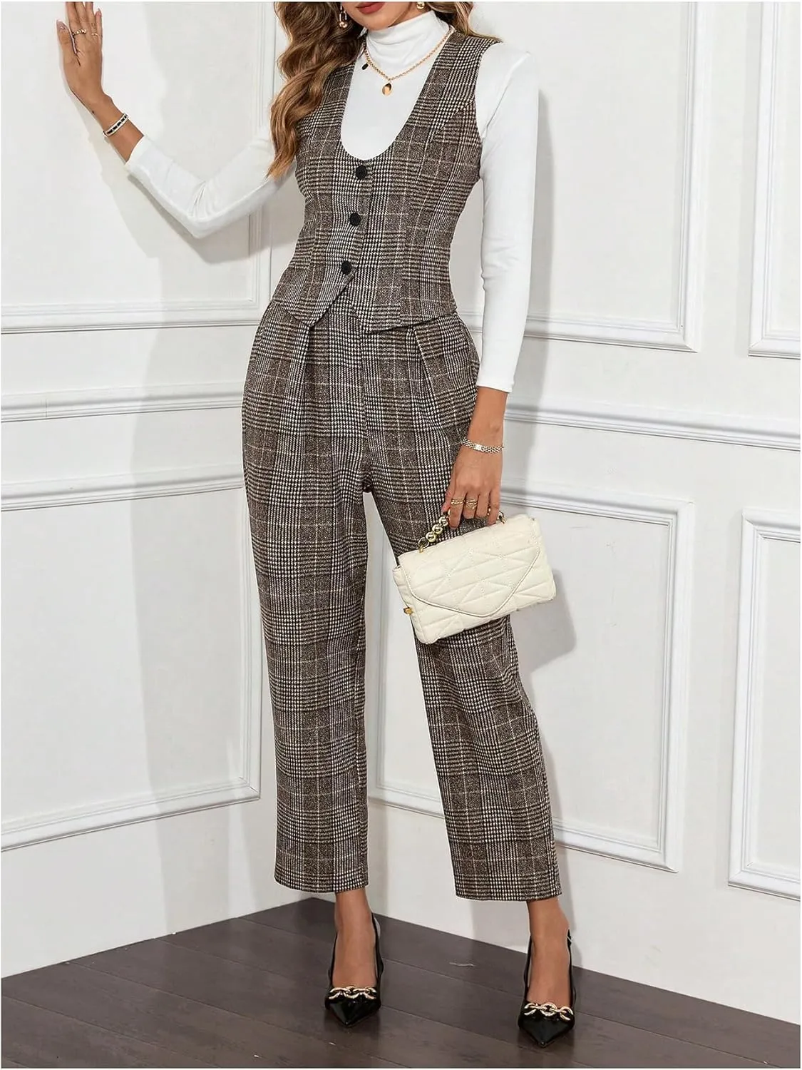SweatyRocks Women's 2 Piece Sets Plaid Button Down Vest and Pants Set Work Outfits