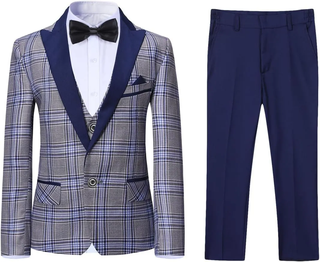 SWOTGdoby Boys Suits 3 Piece Slim Fit Check Plaid Kids Tuxedo Suits for Boys Formal Dress Blazer Jacket Pants Vest Wedding