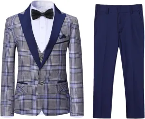 SWOTGdoby Boys Suits 3 Piece Slim Fit Check Plaid Kids Tuxedo Suits for Boys Formal Dress Blazer Jacket Pants Vest Wedding
