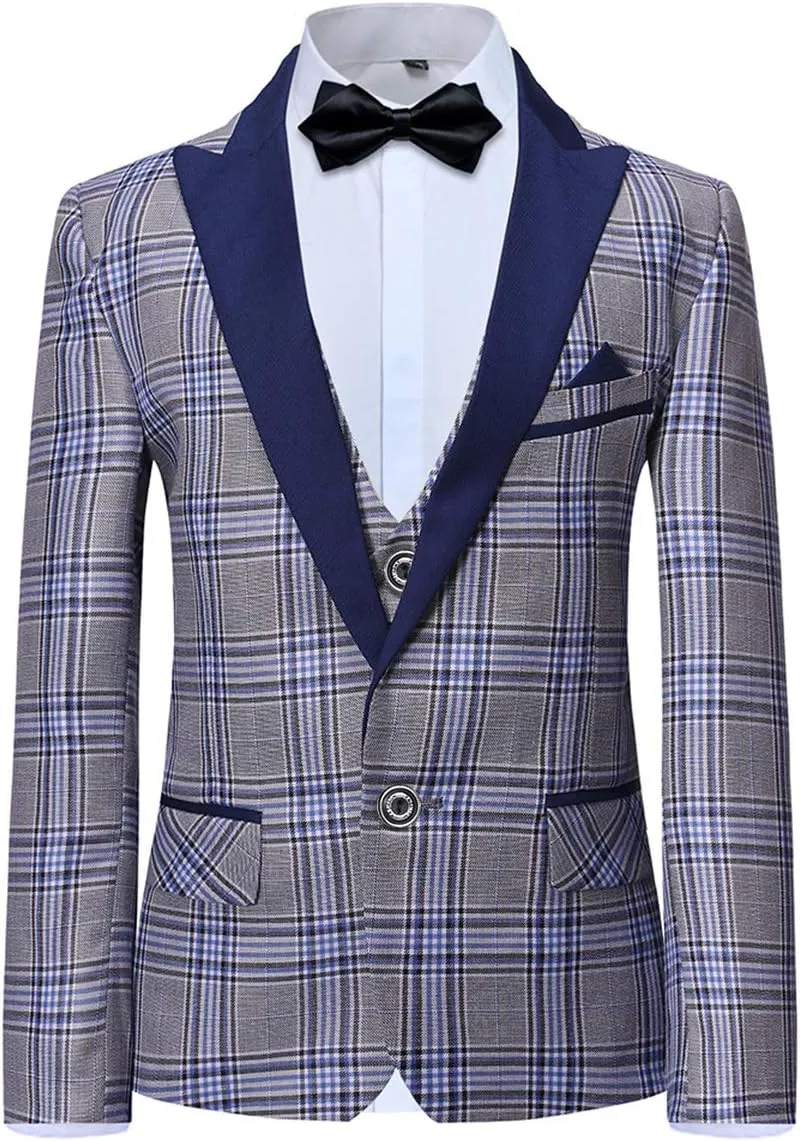 SWOTGdoby Boys Suits 3 Piece Slim Fit Check Plaid Kids Tuxedo Suits for Boys Formal Dress Blazer Jacket Pants Vest Wedding
