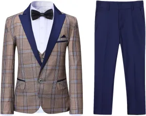 SWOTGdoby Boys Suits 3 Piece Slim Fit Check Plaid Kids Tuxedo Suits for Boys Formal Dress Blazer Jacket Pants Vest Wedding