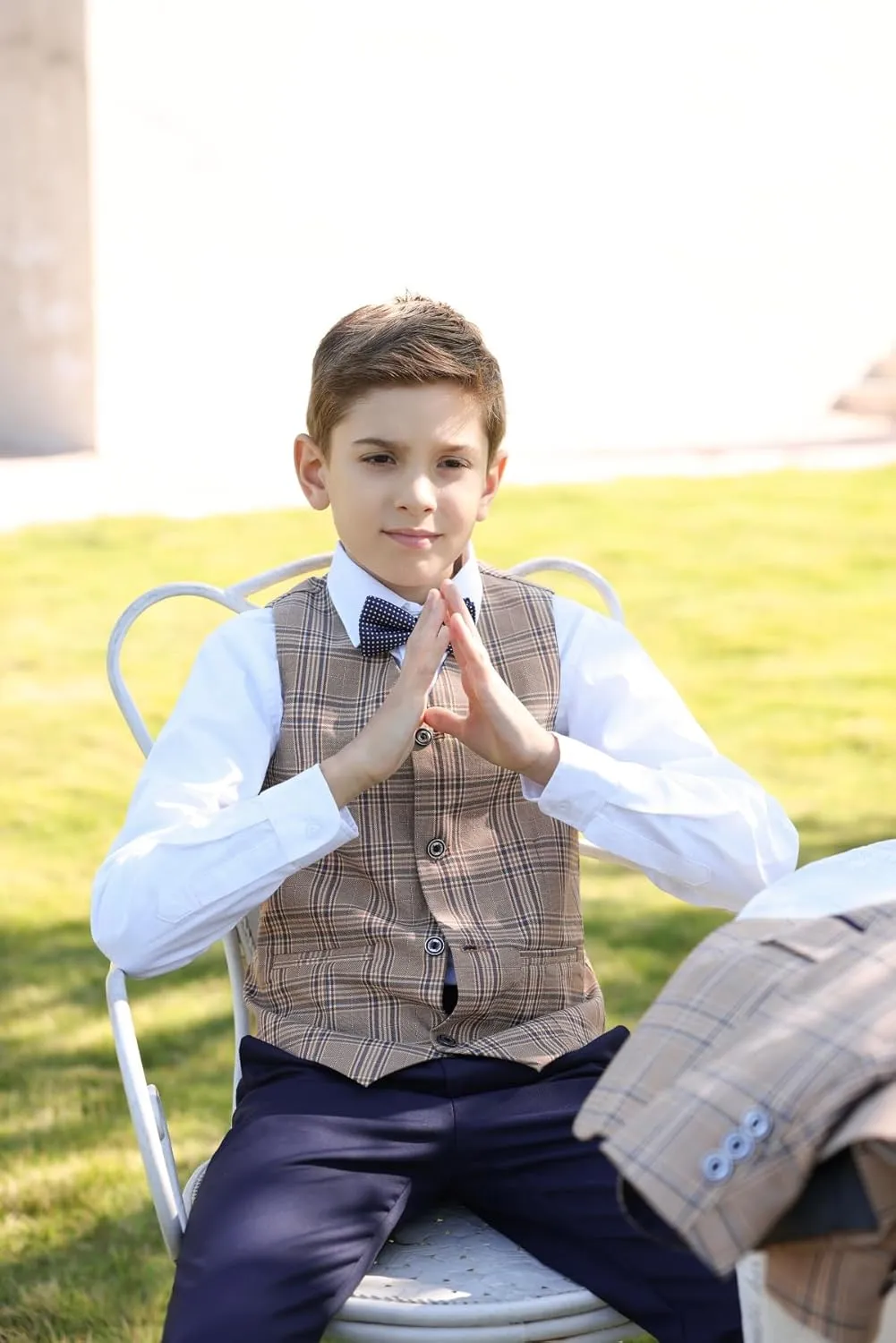 SWOTGdoby Boys Suits 3 Piece Slim Fit Check Plaid Kids Tuxedo Suits for Boys Formal Dress Blazer Jacket Pants Vest Wedding